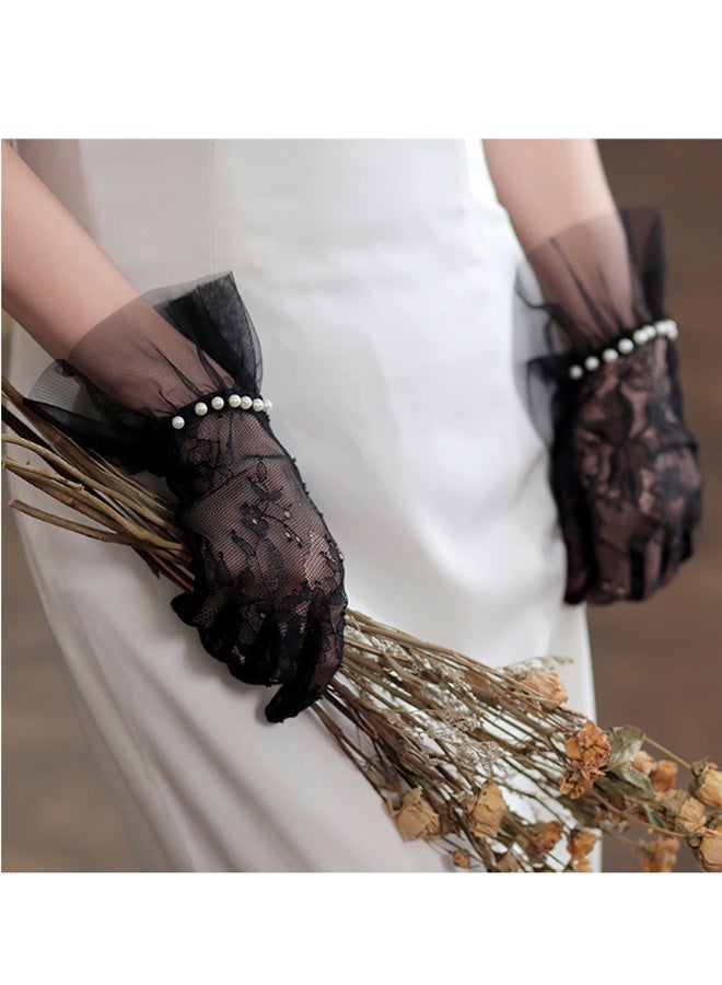 Women's Lace Gloves - Elegant Short Lace Net Gloves for Bridal Wear - Sheer Delicate Lace Pearl Gloves for Weddings, Formal Events, Tea Parties, Opera, for Bridal Gowns （back） - Image 3